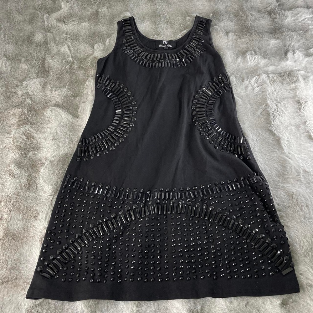 Dulcci Velan Black Beaded Rhinestone Sleeveless Shift Dress LG Cotton Blend-0212